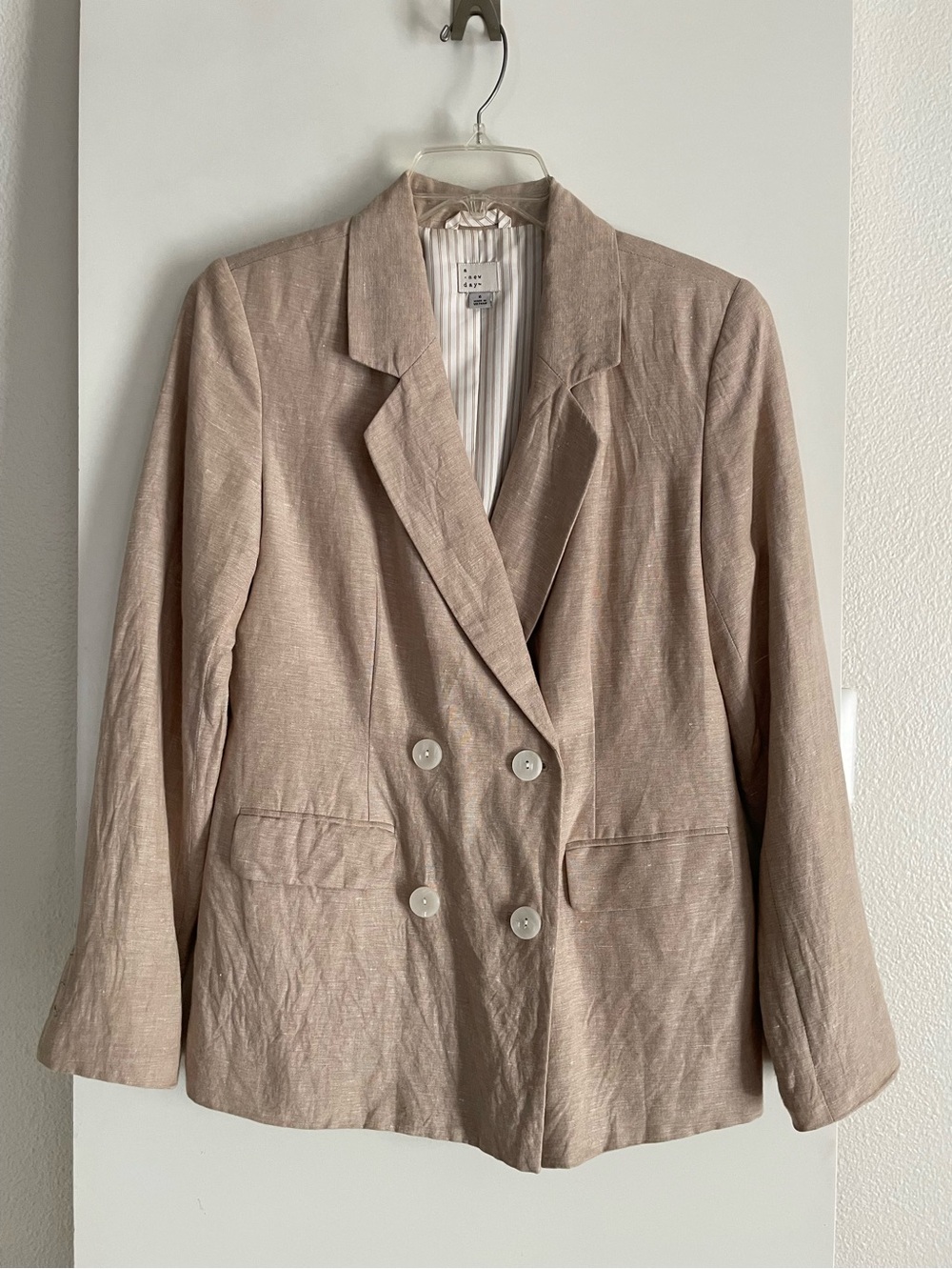 A New Day Linen Rayon Lightweight Blazer Double Breasted Beige Tan Lined NWOT